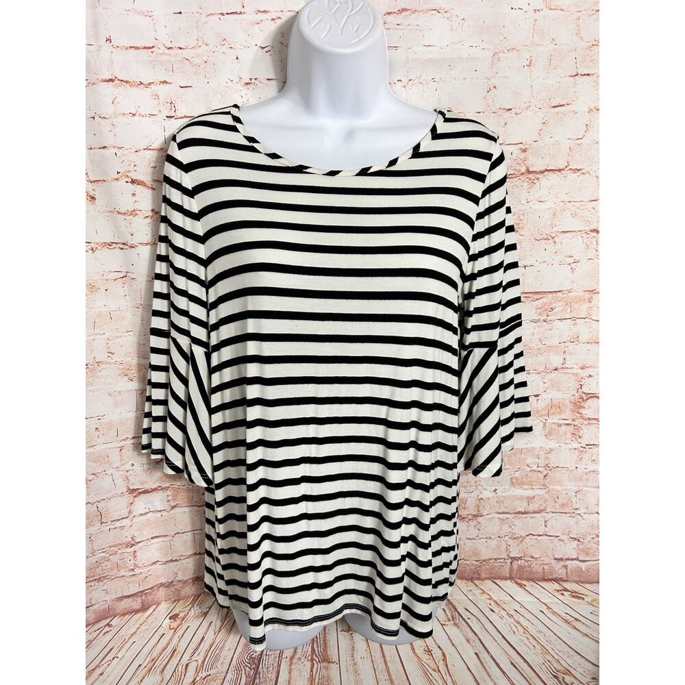 Green Envelope Black and White Striped Blouse Sz M Bell Half Sleeve Top